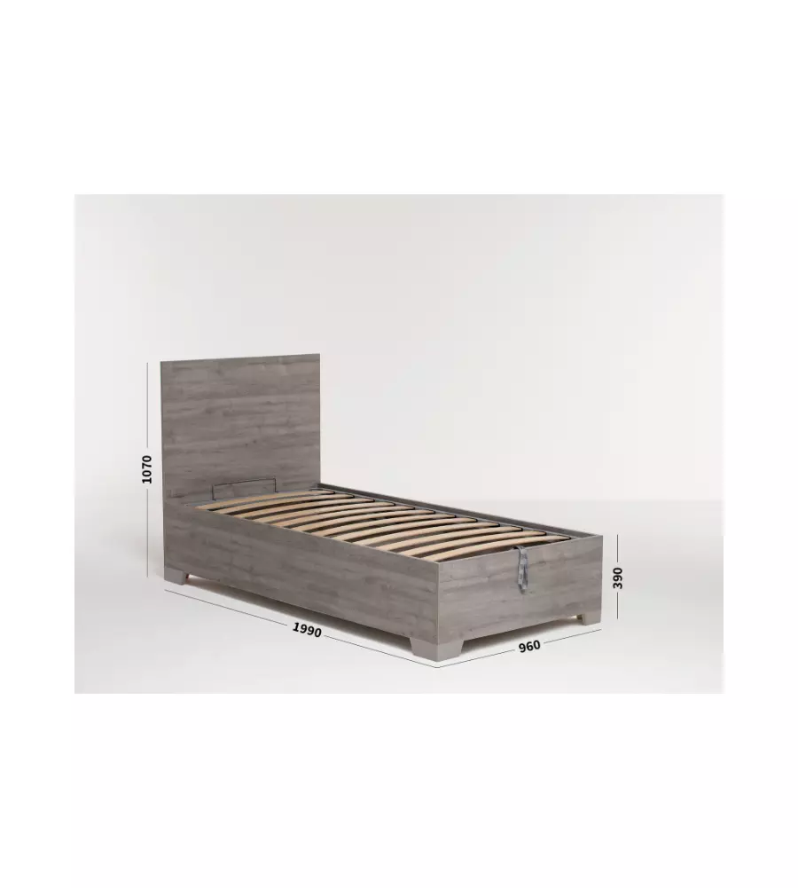 Letto singolo 'hi box' olmo naturale con rete, contenitore e piedini 90x190 cm